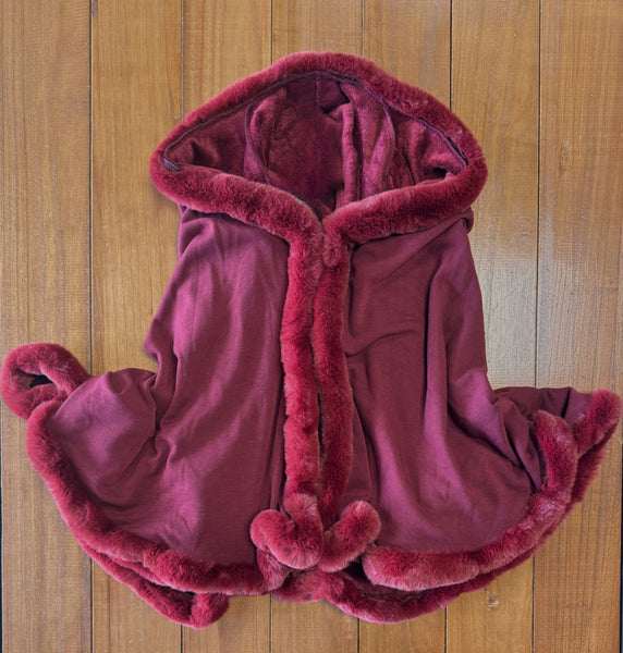 Wine Faux Fur Trimmed Cape