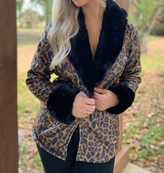 Sequin Faux Fur Trim Jacket