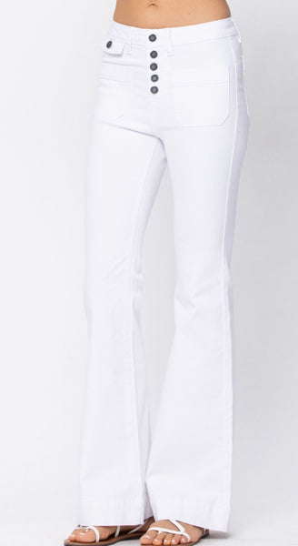 Judy Blue Jeans White Hi-Rise Buttonfly Flare